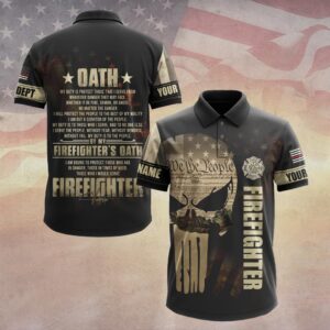 Front view of the We The People Skull Firefighter polo featuring a bold skull design on a black background.