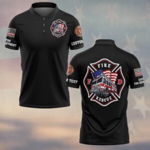 Front view of black fire rescue truck polo with left chest Maltese cross logo, US flag sleeve, and custom department text.