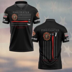 Front view of black thin red line axe polo featuring a horizontal flag, maltese cross, and custom firefighter sleeve text.