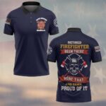 Front view of the retired firefighter skull polo, navy blue with emblem and text for proud retirees