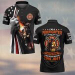 Front view of the Crazy Firefighter polo, featuring the focus keyword 'i'm a firefighter polo' with vibrant graphic details.