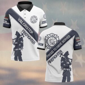 Front view of white valorstep firefighter polo with navy diagonal stripe, Fire Dept badge, and firefighter silhouette.