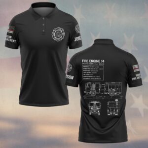Front view of a black fire engine blueprint polo with custom Fire Dept chest logo and personalized sleeve text.