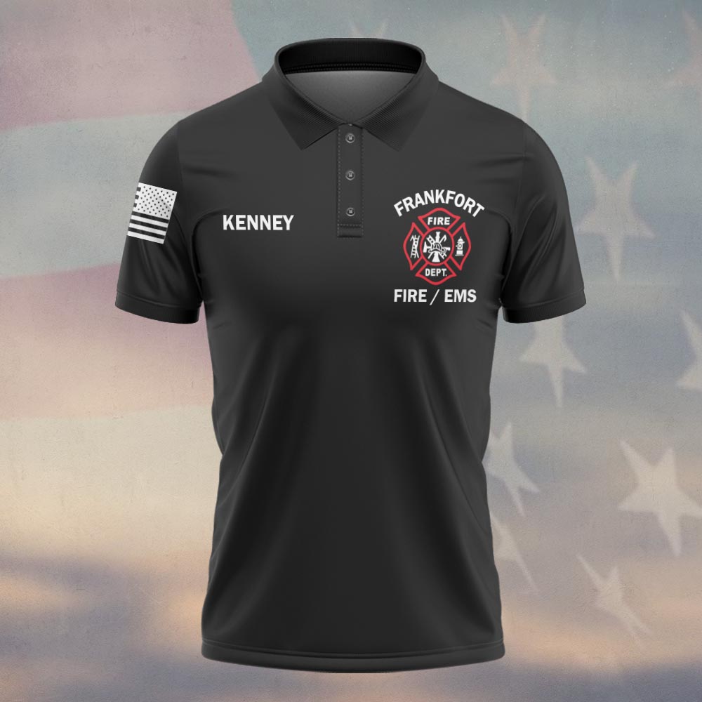Red Line Axe Firefighter Polo Back view of the red line axe firefighter polo featuring a striking axe design on a distressed flag background.