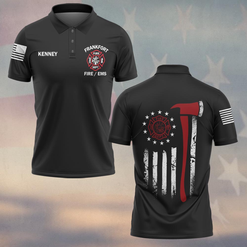 Red Line Axe Firefighter Polo Front view of the red line axe firefighter polo showcasing the custom name and department details.