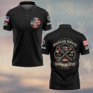 Front view of black polo shirt featuring American service firefighter gear design with patriotic accents.