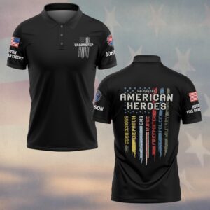 Front view of the American Heroes first responder polo in black, showcasing the Valorstep logo and flag design.