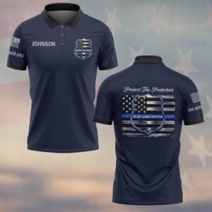 Front view of the navy protect the protectors polo. Features a black collar, custom chest name, and Thin Blue Line shield.