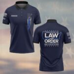Front view of navy blue law and order polo with custom name Johnson and distressed thin blue line flag on the chest.