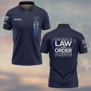 Front view of navy blue law and order polo with custom name Johnson and distressed thin blue line flag on the chest.