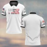 Front view of the thin red line polo in white, featuring distressed block text and fire department logos.