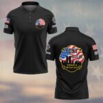 Front view of a black 9/11 memorial polo with left chest Maltese cross, twin towers skyline, and flag sleeve details.