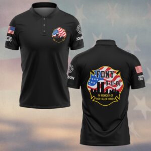 Front view of a black 9/11 memorial polo with left chest Maltese cross, twin towers skyline, and flag sleeve details.