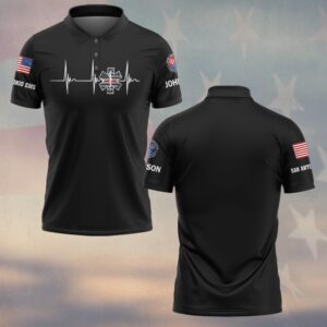 Front view of a black ems heartbeat polo shirt featuring a white EKG line and Star of Life chest design.