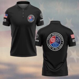 Front view of a black first responder badge polo shirt featuring a chest logo and custom sleeve text with American flag.