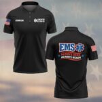 Front view of the Always Here Always Ready polo in black, featuring EMS logo and personalized name.