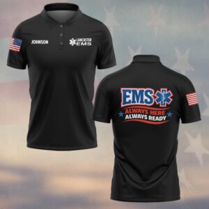 Front view of the Always Here Always Ready polo in black, featuring EMS logo and personalized name.