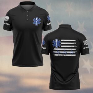 Black EMS Duty Pulse Polo showcasing custom name and department on the front.