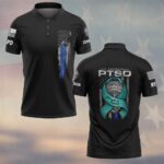 Front view of black law enforcement ptsd polo with a distressed vertical thin blue line flag design on the left chest.
