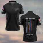 Front view of black first to respond polo with distressed multi-color line flag on chest and custom sleeve text.