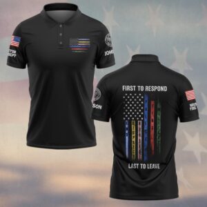 Front view of black first to respond polo showing a small multi-color stripe flag on the chest and custom sleeve logos.