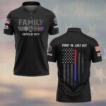 Front view of black united by duty polo shirt featuring Family graphic with first responder badges and thin line flag details