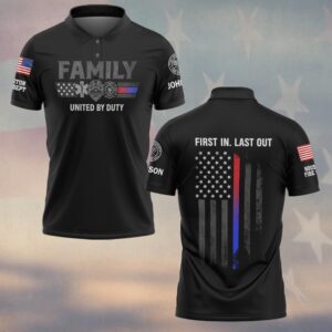 Front view of black united by duty polo shirt featuring Family graphic with first responder badges and thin line flag details