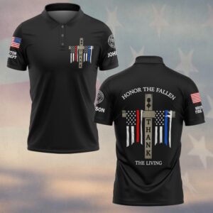 Front view of black honor the fallen polo featuring a wooden cross chest logo with red and blue line tattered flags.
