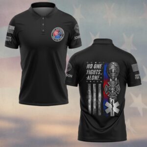 Front view of black stacked badge custom polo with chest logo and sleeve flag details for first responders.