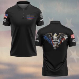 Front view of the eagle of the front line polo in black, featuring an American flag design on the chest.