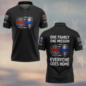 Front view of the black one family one mission polo, featuring bold graphics and a sleek design.