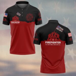 Front view of the all gave some firefighter polo in red and black, showcasing custom department details.