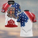 Front view of the all gave some 343 edition polo featuring a bold red and blue design with firefighter insignia.