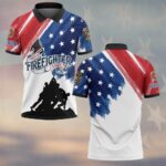 Front view of the first in last out firefighter polo, showcasing a vibrant American flag design in red, white, and blue.