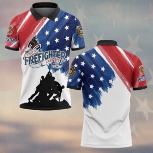 Front view of the first in last out firefighter polo, showcasing a vibrant American flag design in red, white, and blue.