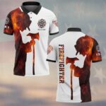 Front view of a white kneeling firefighter polo with black collar, flame silhouette, and custom name badge on the chest.