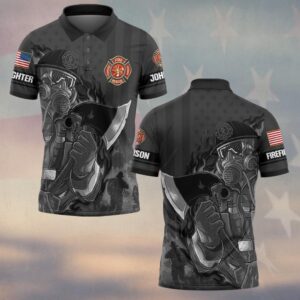 Front view of dark grey firefighter axe polo shirt featuring a masked firefighter graphic and red rescue chest badge.