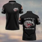 Front view of a black funny fire truck polo featuring a small chest graphic, custom sleeves, and a three-button placket.