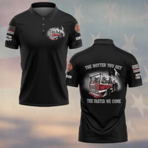 Front view of a black funny fire truck polo featuring a small chest graphic, custom sleeves, and a three-button placket.