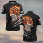 Front view of black guardian eagle firefighter polo featuring a fiery Maltese cross, bold eagle, and custom sleeve text.