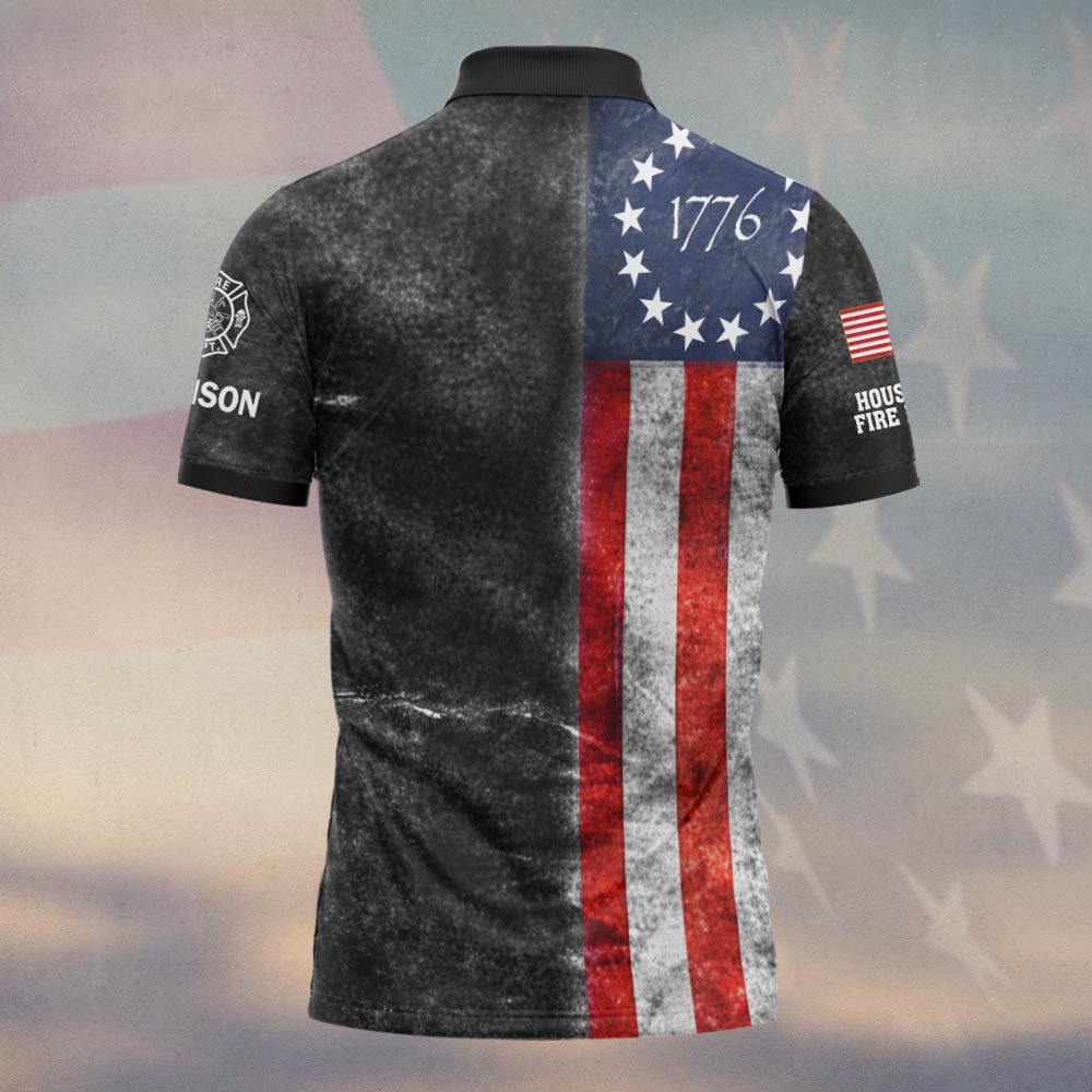 1776 Betsy Ross Flag Firefighter Polo Shirt Close-up of the 1776 Betsy Ross flag polo, highlighting the unique flag design and high-quality fabric texture.