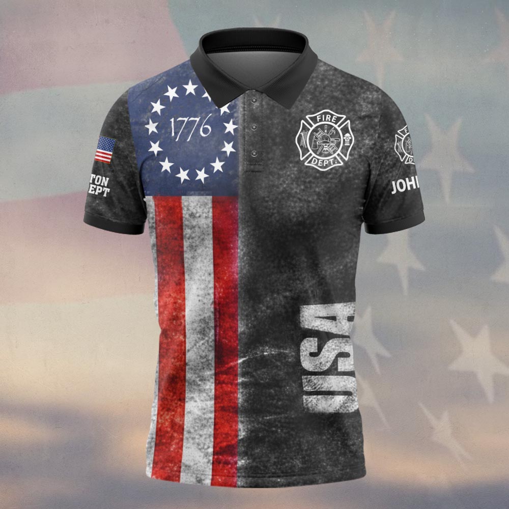 1776 Betsy Ross Flag Firefighter Polo Shirt Back view of the 1776 Betsy Ross flag polo shirt showcasing the USA lettering and firefighter details.