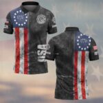 Front view of the 1776 Betsy Ross flag polo, featuring a vintage design with red and blue colors.