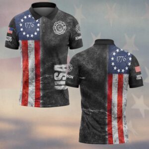 Front view of the 1776 Betsy Ross flag polo, featuring a vintage design with red and blue colors.