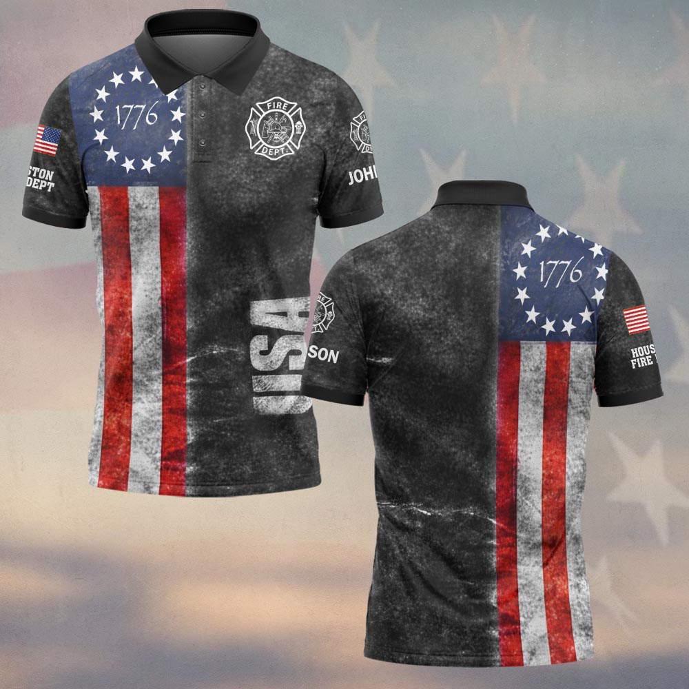 1776 Betsy Ross Flag Firefighter Polo Shirt Front view of the 1776 Betsy Ross flag polo, featuring a vintage design with red and blue colors.