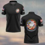 Front angle of black american heroes eagle polo shirt with small chest logo, US flag patch, and custom sleeve text.