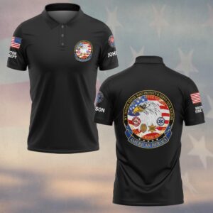 Front angle of black american heroes eagle polo shirt with small chest logo, US flag patch, and custom sleeve text.