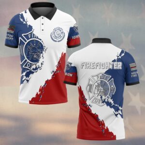 Front view of the stars & stripes torn fabric polo, showcasing bold red, white, and blue colors with firefighter emblem.
