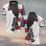 Front view of a white 343 tribute firefighter polo with US flag design, black collar, and kneeling firefighter graphic.