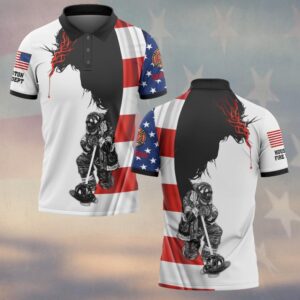 Front view of a white 343 tribute firefighter polo with US flag design, black collar, and kneeling firefighter graphic.